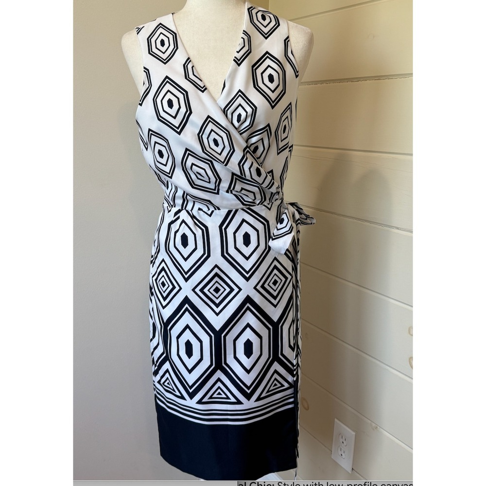 Banana Republic Geo Sleeveless Wrap Midi Dress Preppy White Navy Sz 6 Classic